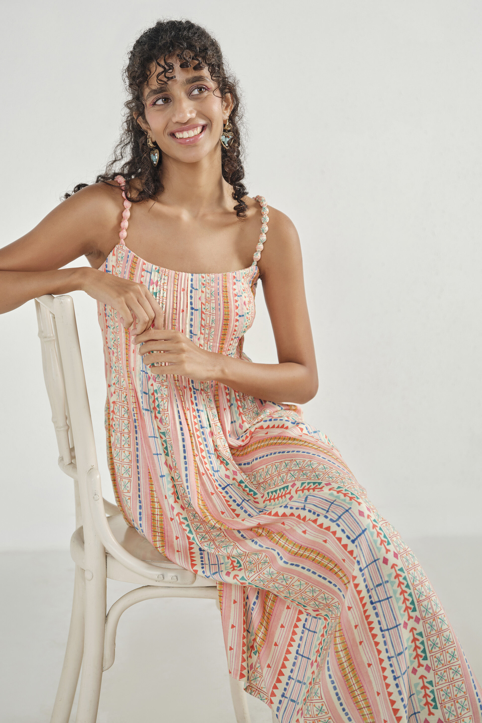 Printed Beaded-Strap Maxi Dress, Off White, image 2